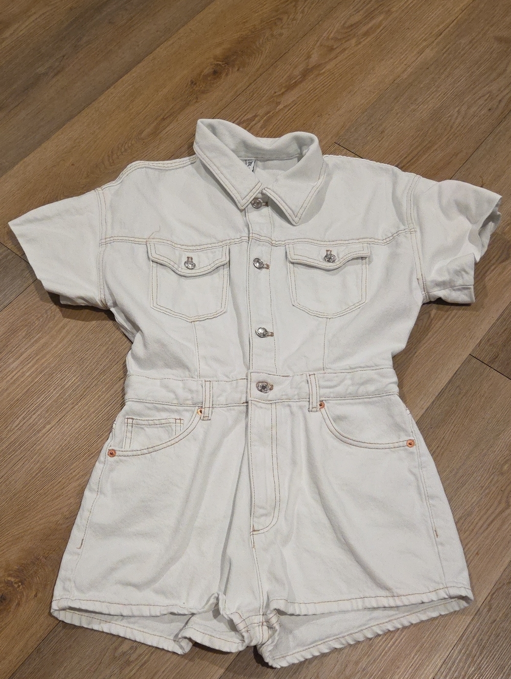 Zara Cream Short-Sleeve Denim Romper
